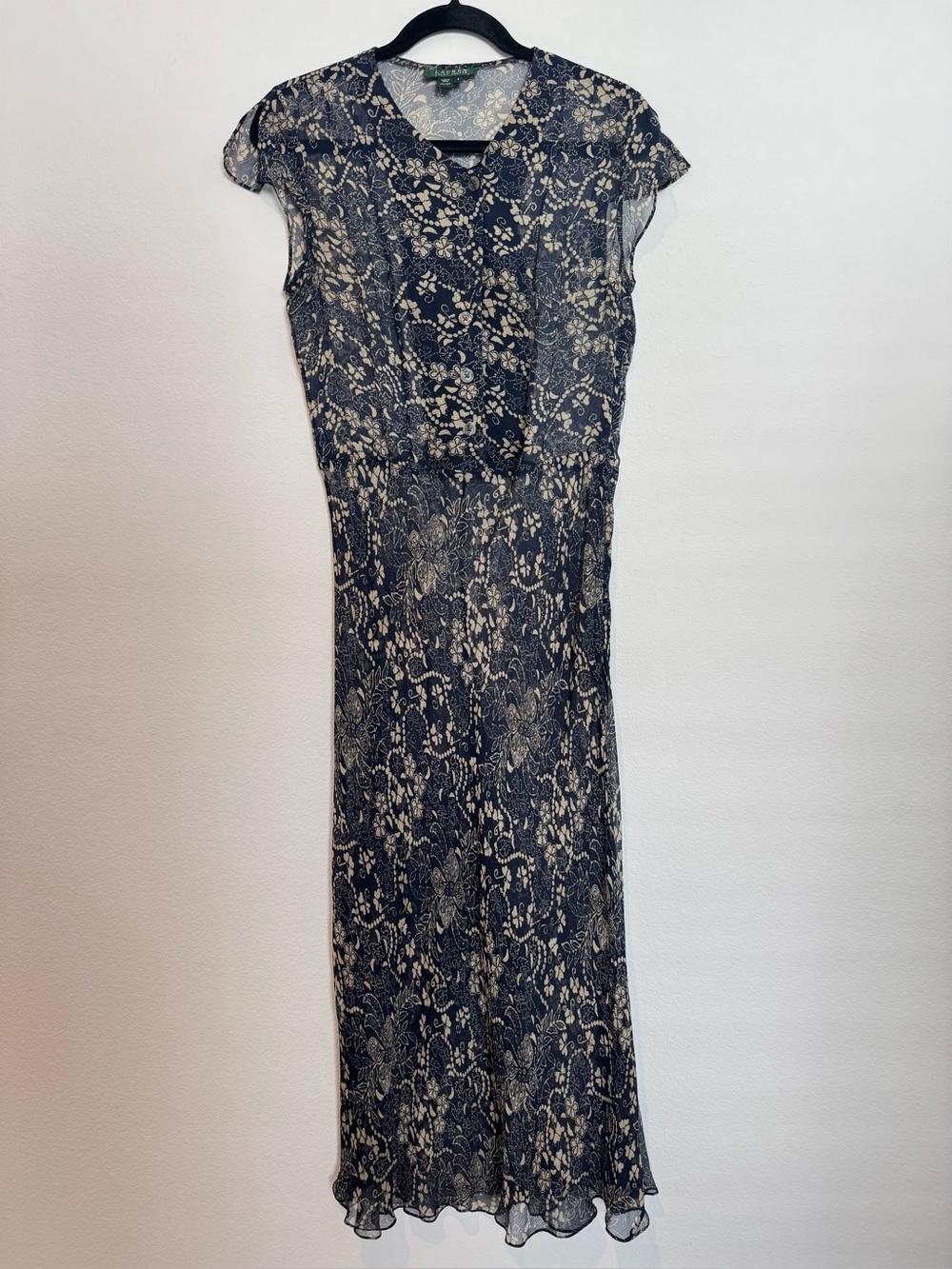 Lauren Ralph Lauren 100% Silk Sheer Blue Printed Cap Sleeve Maxi Dress